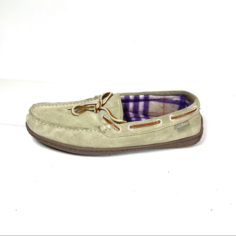 LL Bean Womens Moccasins Loafers Slippers plaid Lined Beige Suede‎ Size 9M